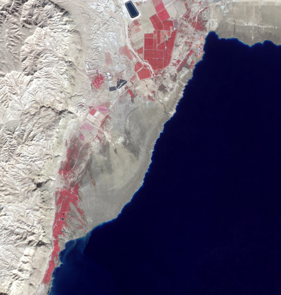 שמורת טבע עינות צוקים בתצלום לוויין באורכי גל בתחום האינפרה-אדום. הצומח נראה בגוונים של אדום- צילום רשות הטבע והגנים