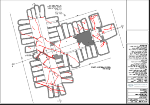 מתוך תכנית הנדסית של המערה עם סימון הסדקים באדום. שפר את רונן מהנדסים