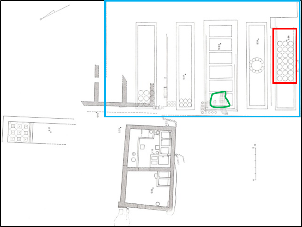 תכנית שטח החפירה בכחול סימון מיתאר בית הכנסת, בירוק סימן אזור פסיפס דויד המלך, באדום סימון פסיפס המדליונים תכנית שטח החפירה בכחול סימון מיתאר בית הכנסת, בירוק סימן אזור פסיפס דויד המלך, באדום סימון פסיפס המדליונים הנמצא כיום במוזיאון השומרוני